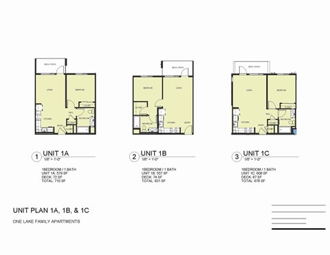 Three floor plans for units 1A, 1B, and 1C with details on bedrooms and bathrooms.